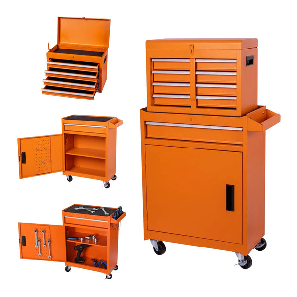 Set of Two Orange Multi-Tier Steel Rolling Cabinet With Lid - GreatEagleInc