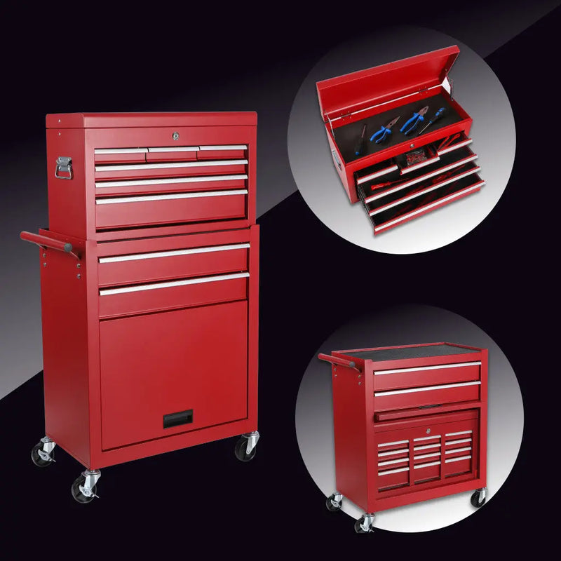 Set of Two Red Multi-Tier Steel Rolling Cabinet With Lid - GreatEagleInc