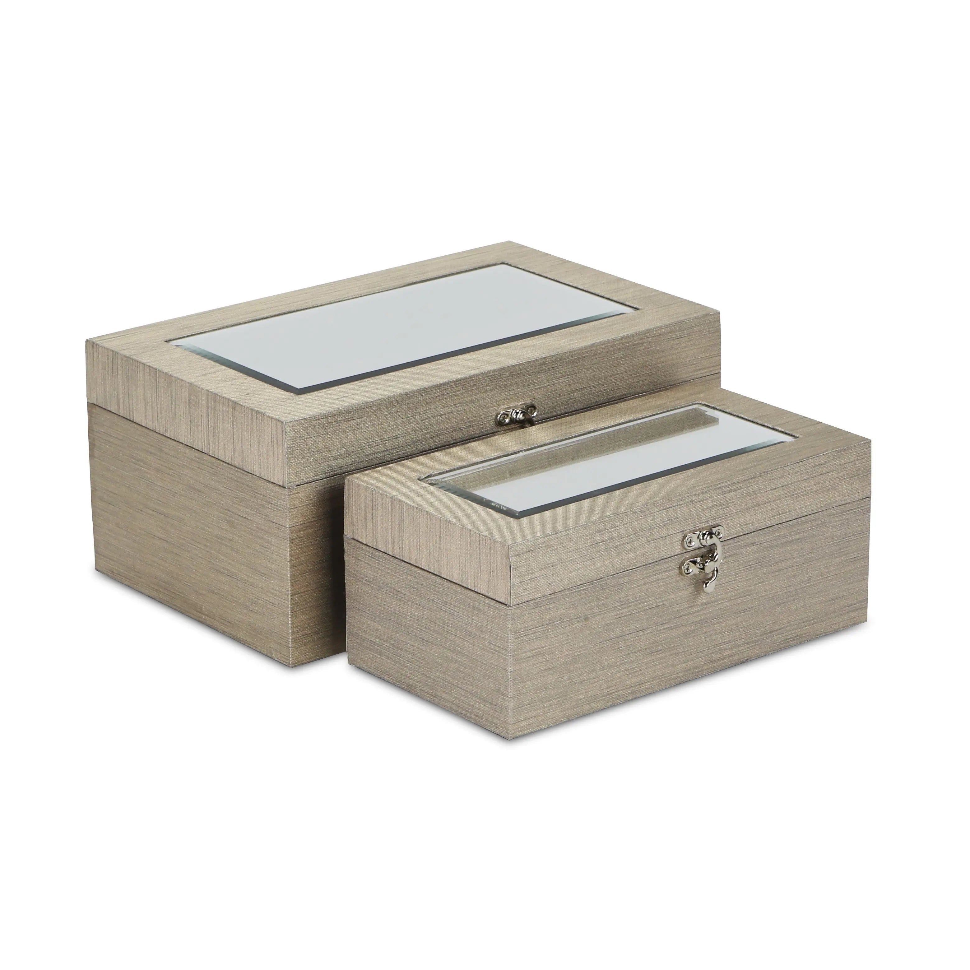 Set of Two Rose Gold Nesting Wood And Mirrored Glass Organizing Box With Lid Homeroots Office