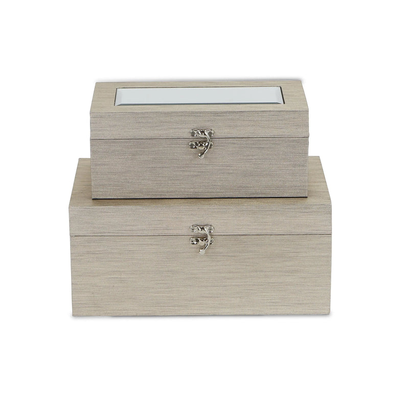 Set of Two Rose Gold Nesting Wood And Mirrored Glass Organizing Box With Lid Homeroots Office
