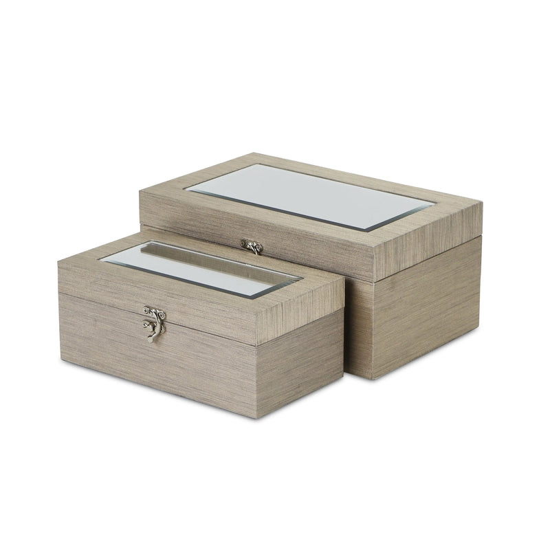 Set of Two Rose Gold Nesting Wood And Mirrored Glass Organizing Box With Lid Homeroots Office