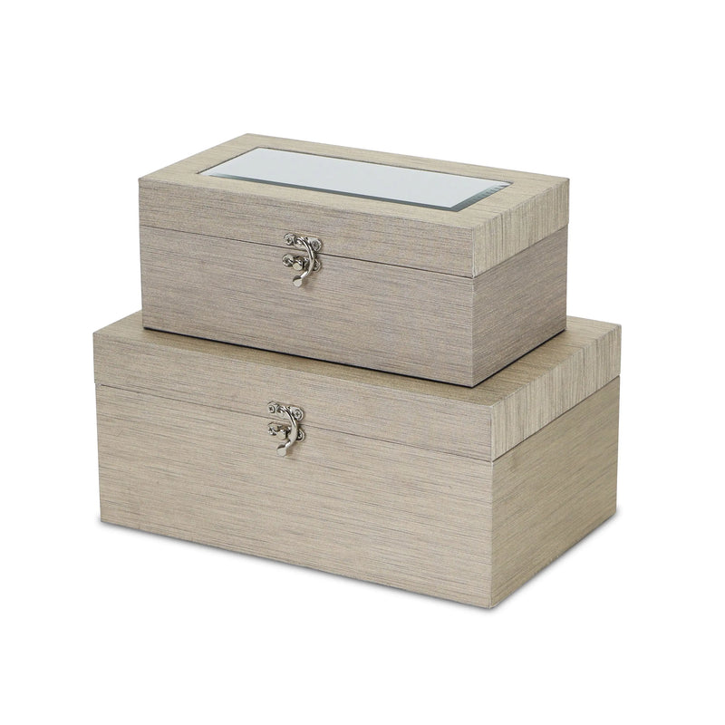 Set of Two Rose Gold Nesting Wood And Mirrored Glass Organizing Box With Lid Homeroots Office