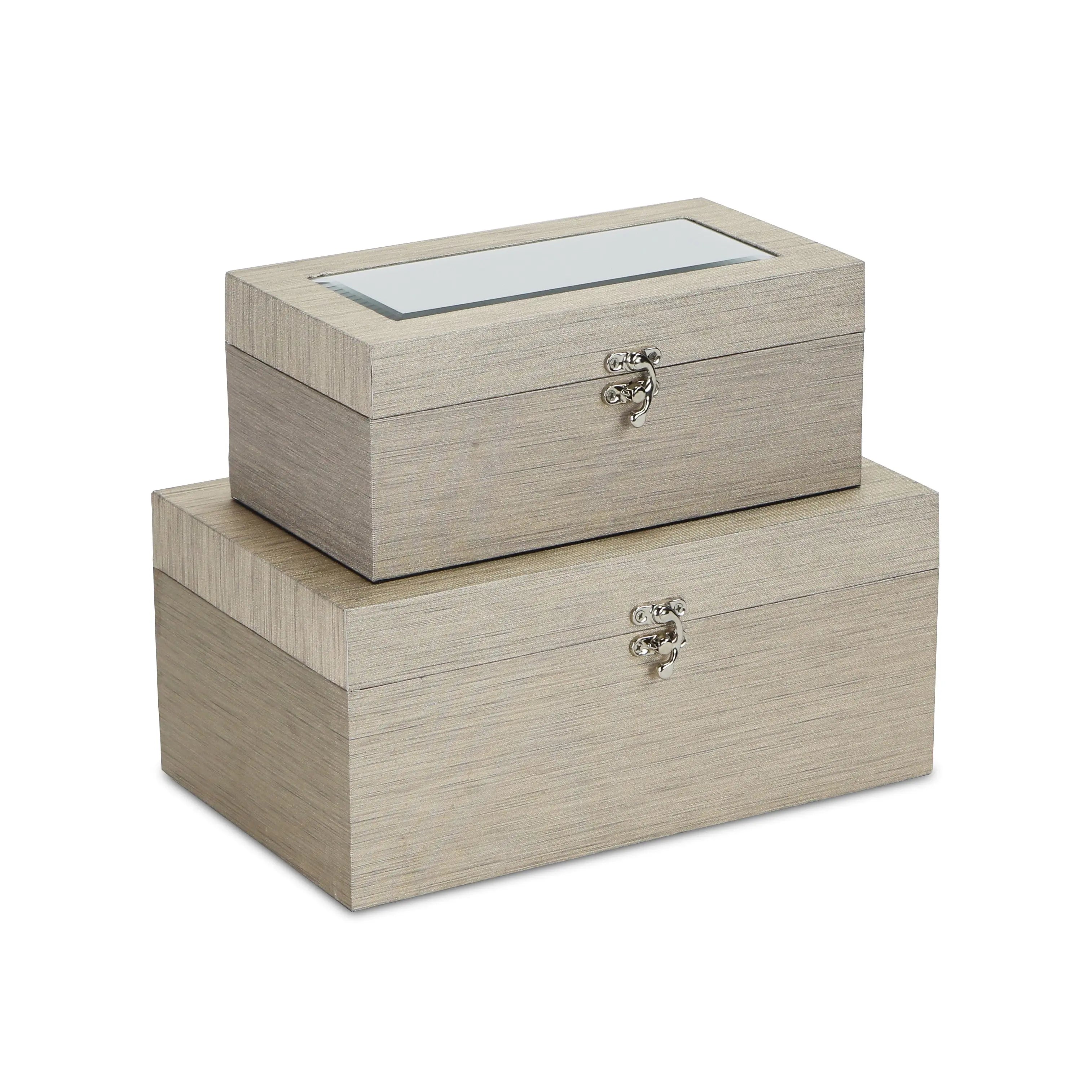 Set of Two Rose Gold Nesting Wood And Mirrored Glass Organizing Box With Lid Homeroots Office