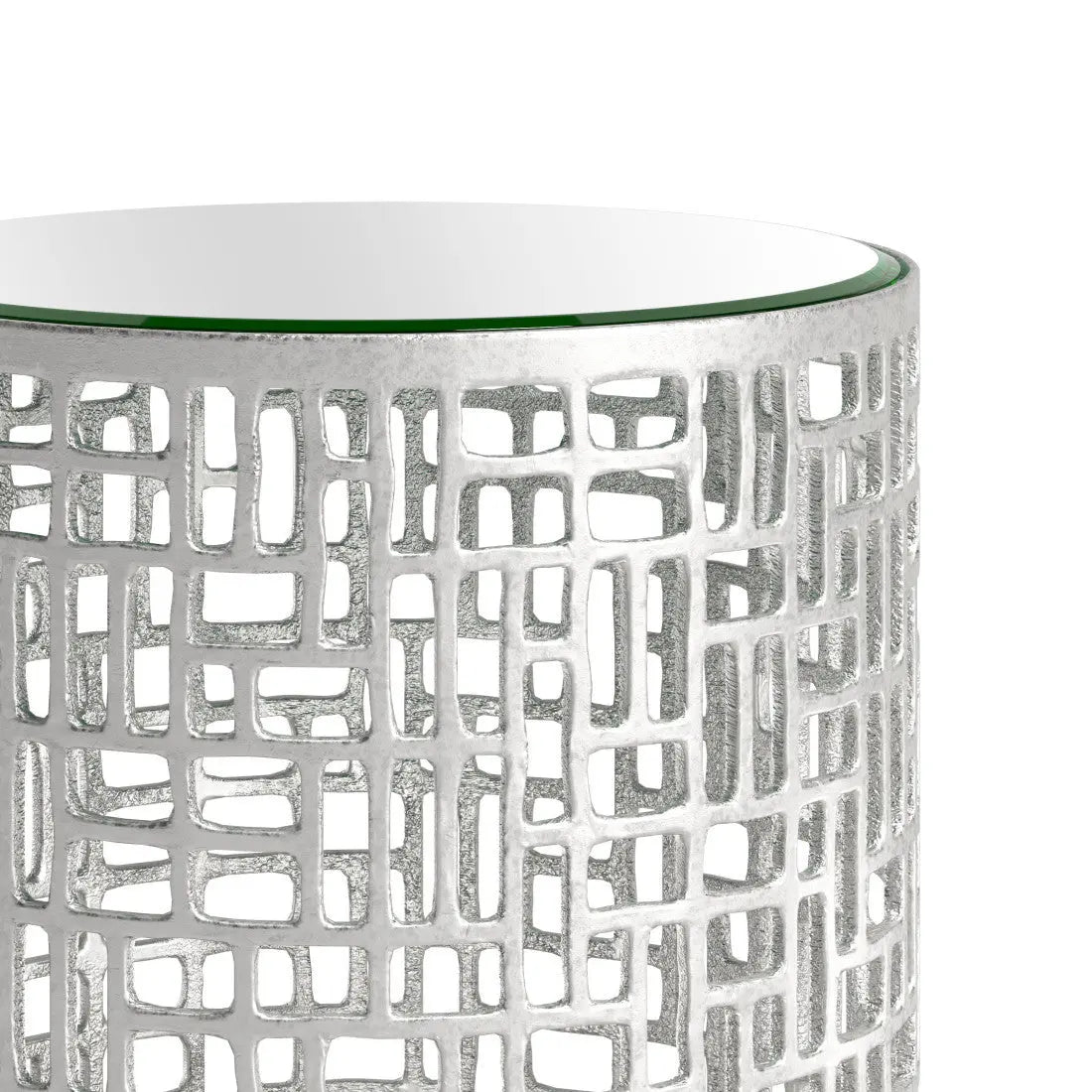 Set of Two Silver Mirrored Glass and Aluminum Round Drum End Tables Homeroots Living Room