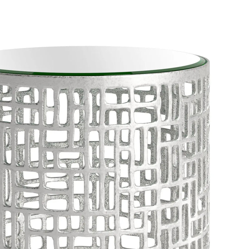 Set of Two Silver Mirrored Glass and Aluminum Round Drum End Tables Homeroots Living Room