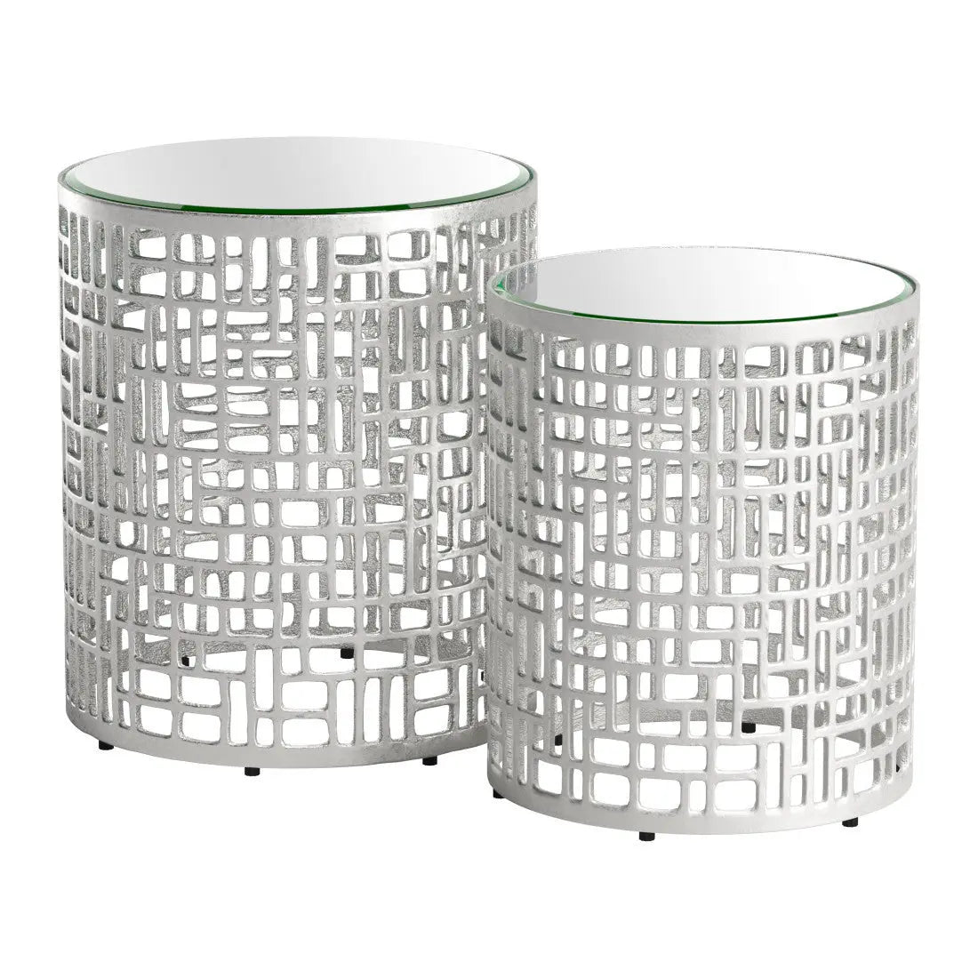 Set of Two Silver Mirrored Glass and Aluminum Round Drum End Tables Homeroots Living Room