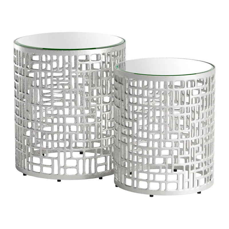 Set of Two Silver Mirrored Glass and Aluminum Round Drum End Tables Homeroots Living Room