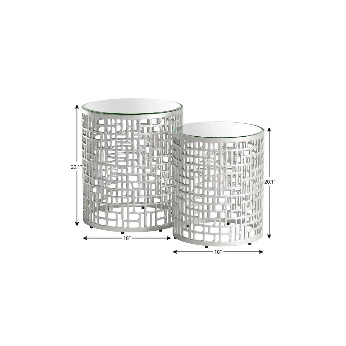 Set of Two Silver Mirrored Glass and Aluminum Round Drum End Tables Homeroots Living Room