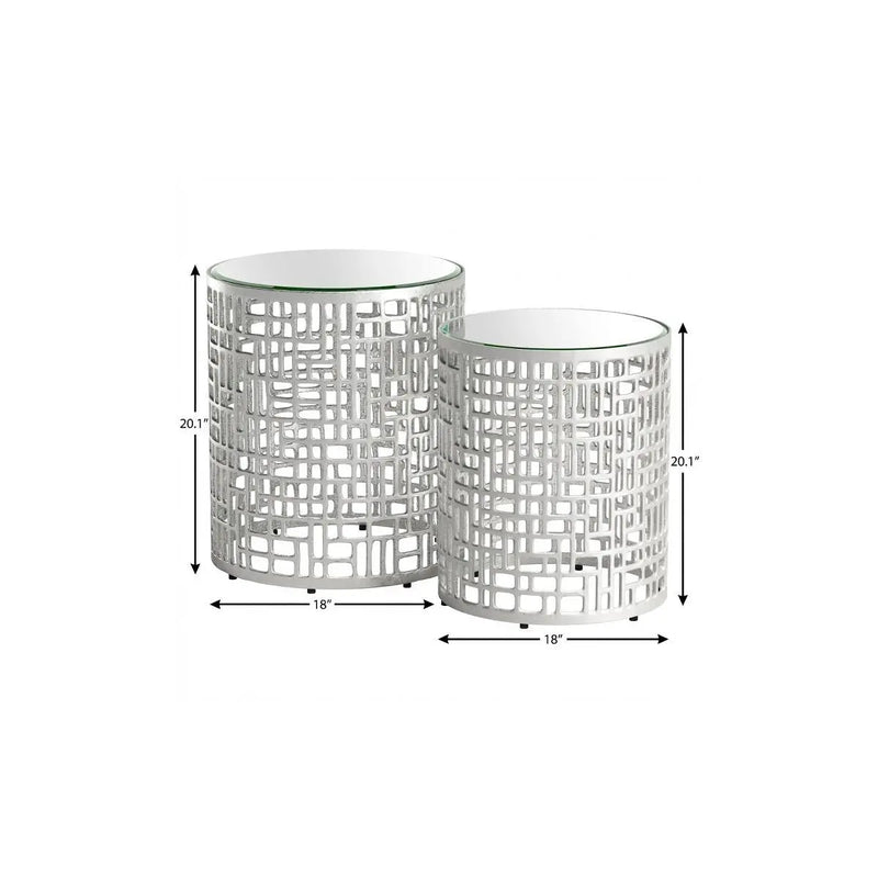 Set of Two Silver Mirrored Glass and Aluminum Round Drum End Tables Homeroots Living Room