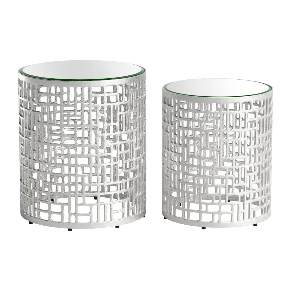 Set of Two Silver Mirrored Glass and Aluminum Round Drum End Tables Homeroots Living Room