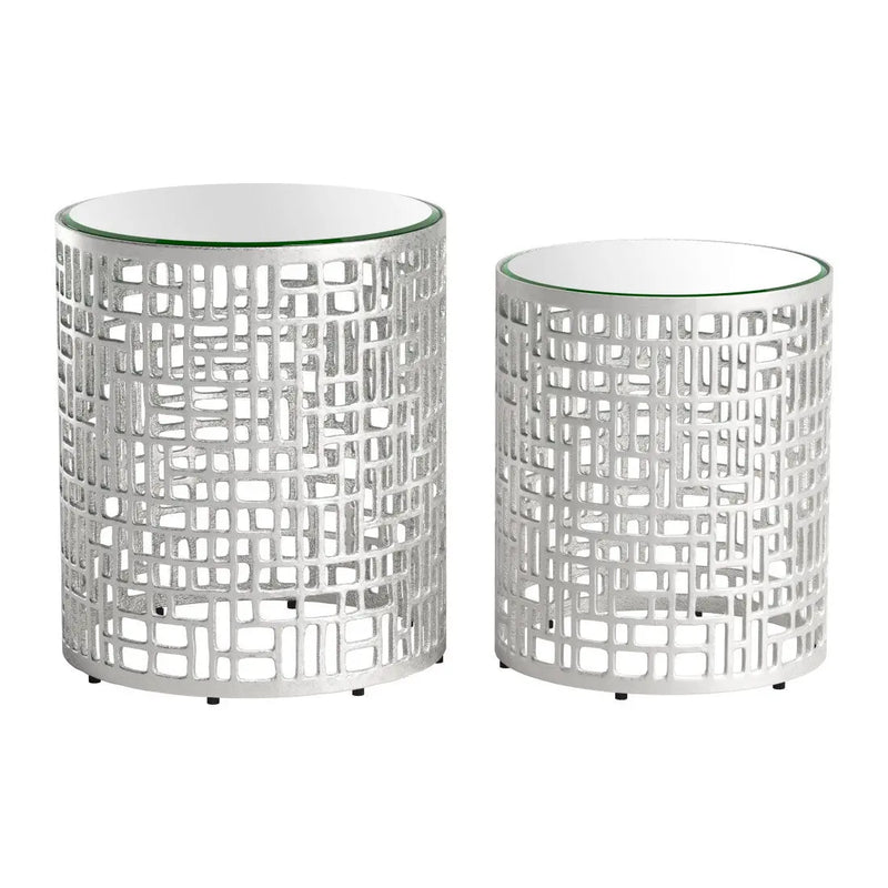 Set of Two Silver Mirrored Glass and Aluminum Round Drum End Tables Homeroots Living Room
