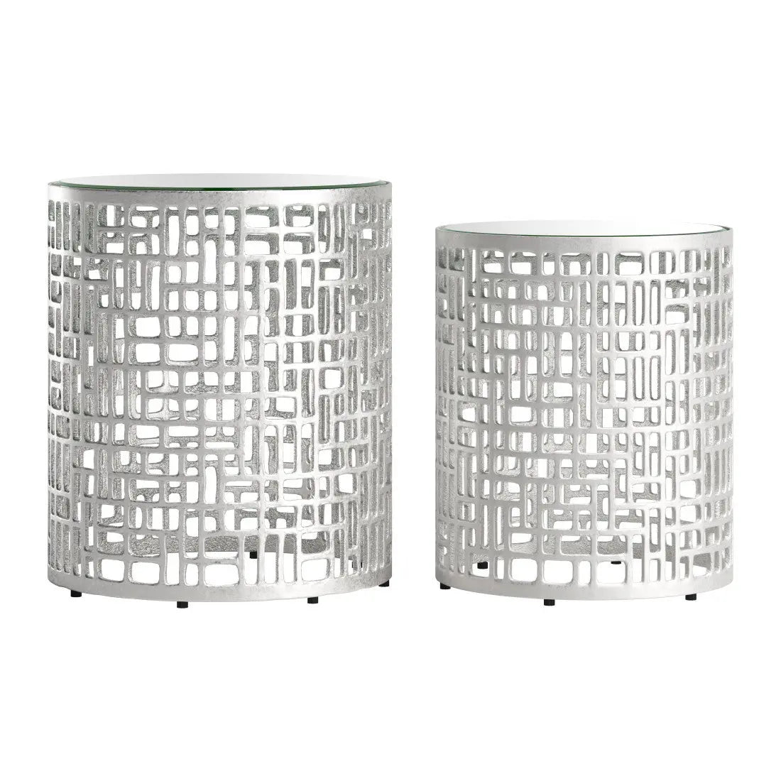 Set of Two Silver Mirrored Glass and Aluminum Round Drum End Tables Homeroots Living Room
