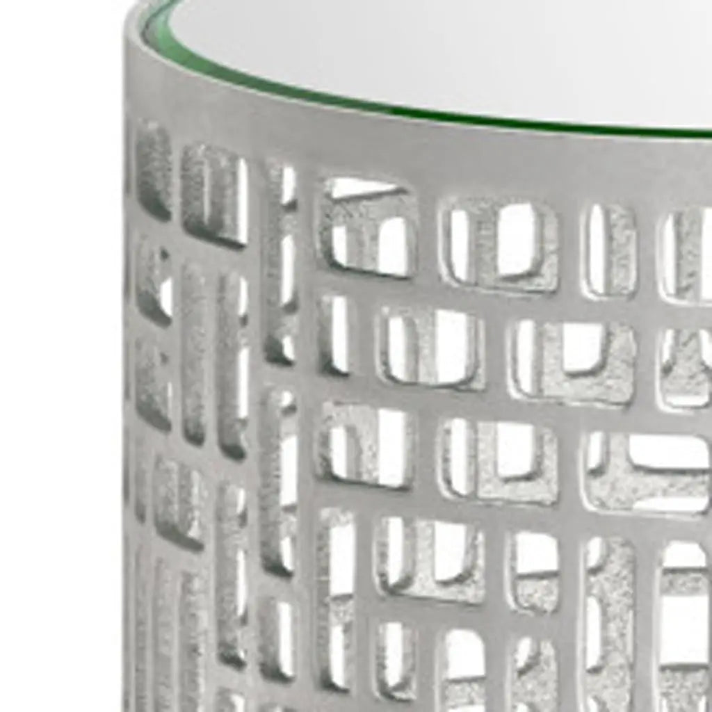 Set of Two Silver Mirrored Glass and Aluminum Round Drum End Tables Homeroots Living Room