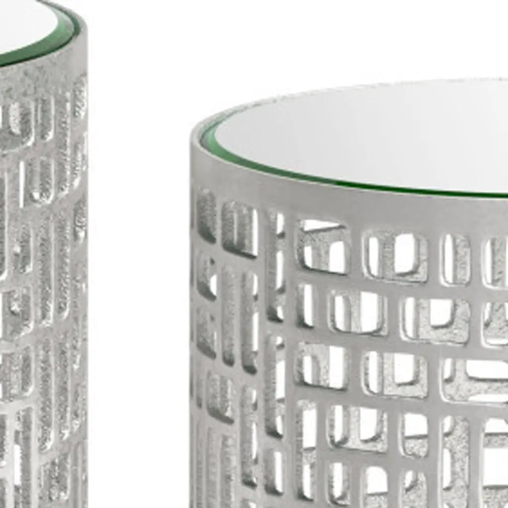 Set of Two Silver Mirrored Glass and Aluminum Round Drum End Tables Homeroots Living Room