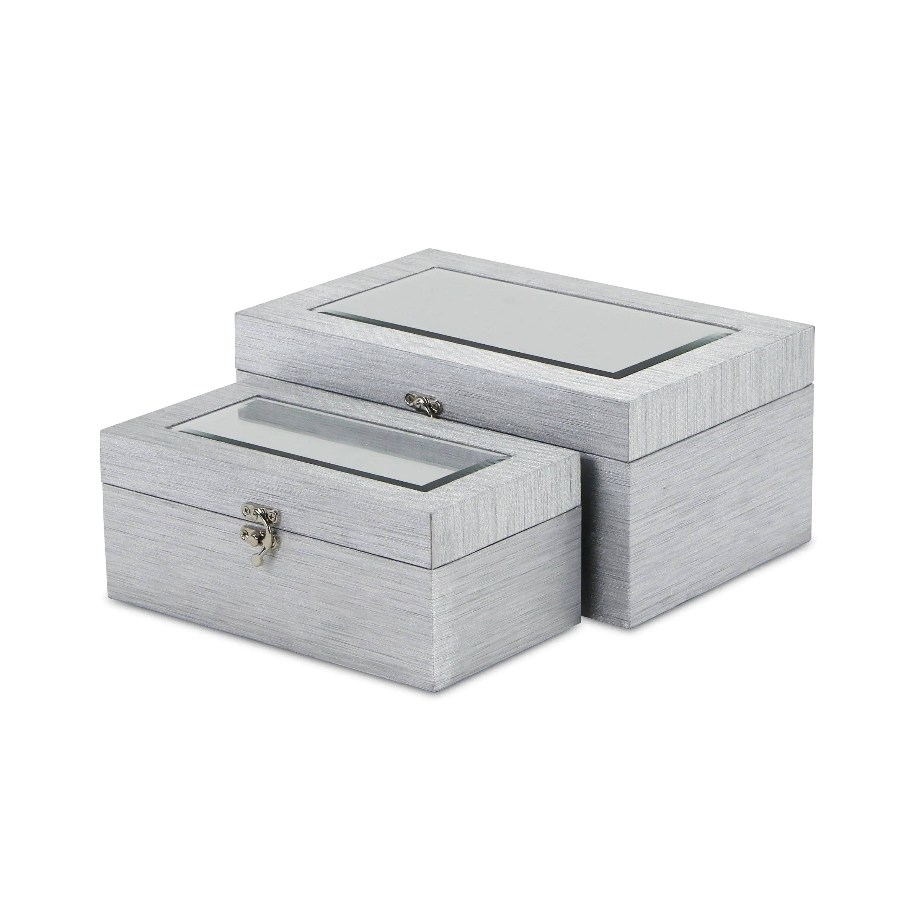 Set of Two Silver Nesting Wood And Mirrored Glass Organizing Box With Lid Homeroots Office