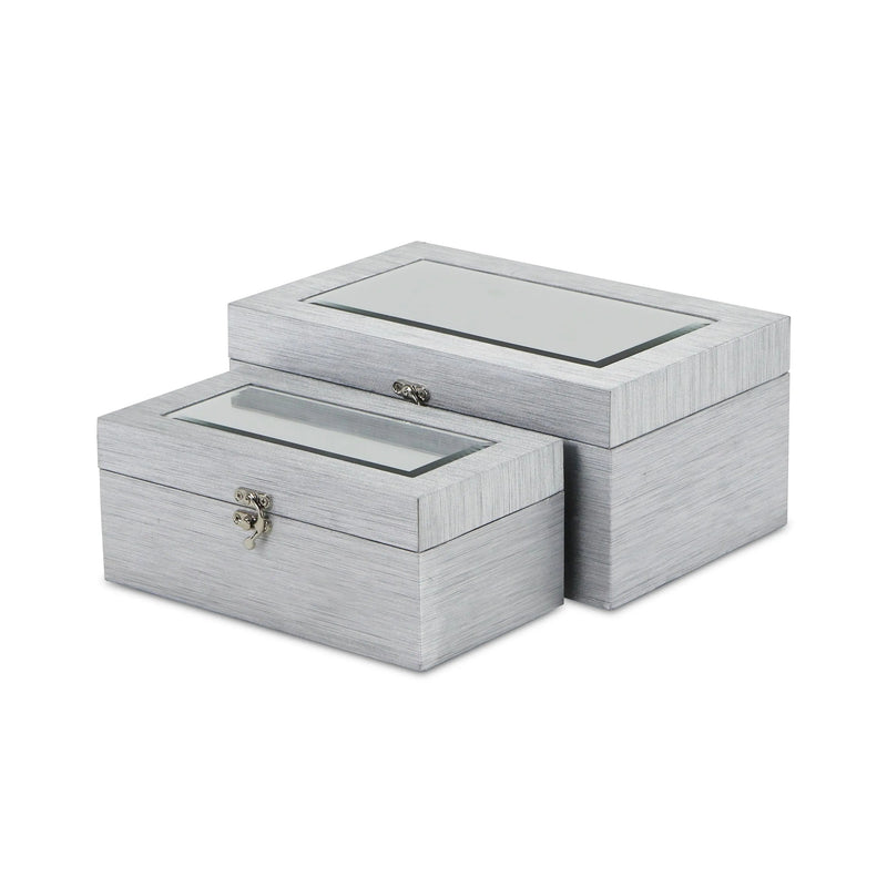 Set of Two Silver Nesting Wood And Mirrored Glass Organizing Box With Lid Homeroots Office