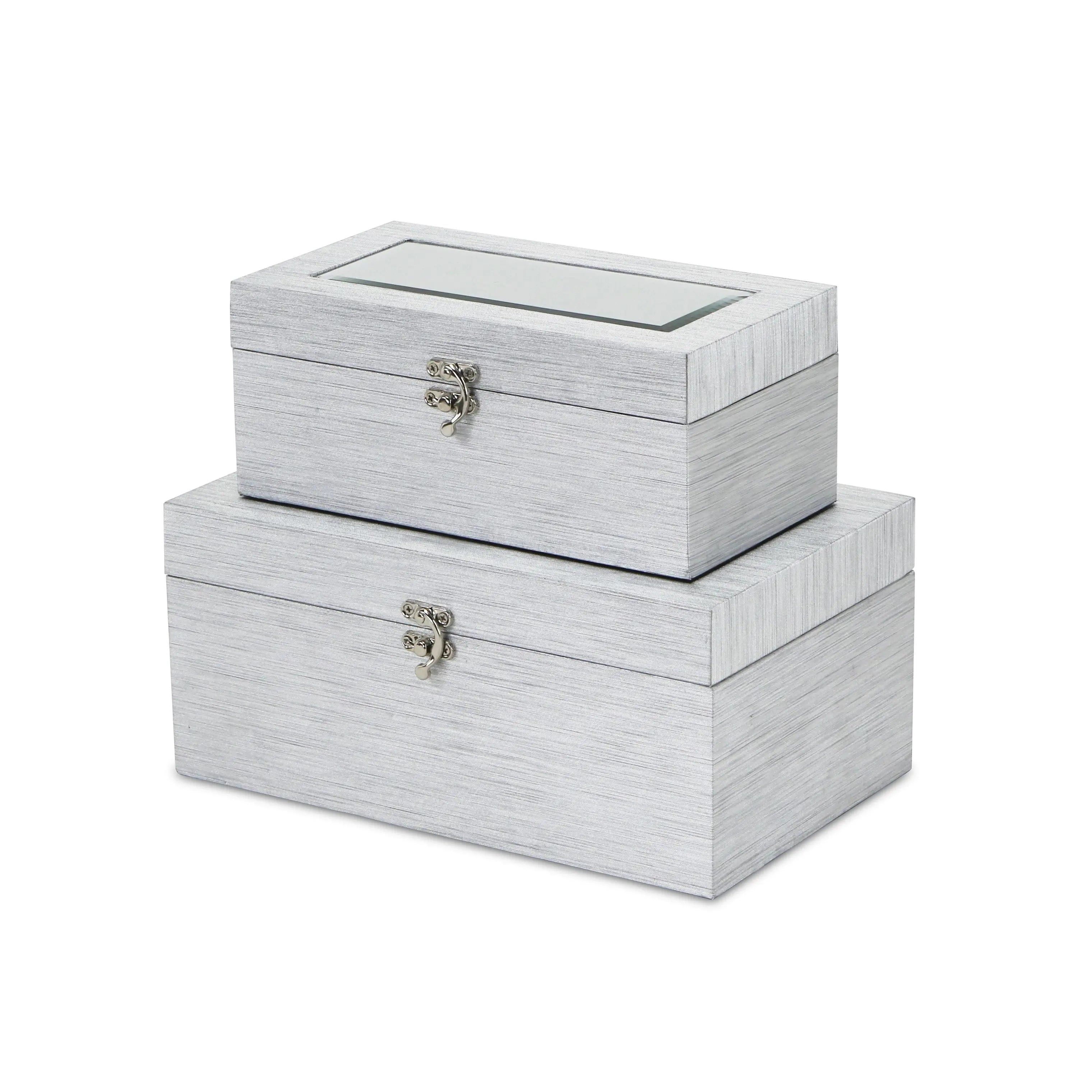 Set of Two Silver Nesting Wood And Mirrored Glass Organizing Box With Lid Homeroots Office