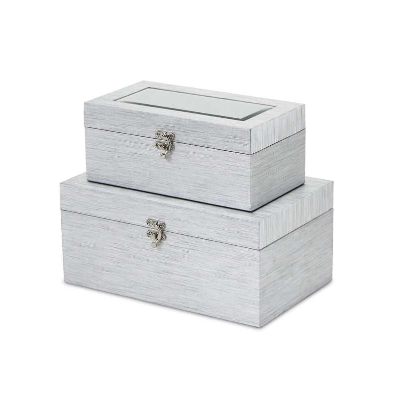 Set of Two Silver Nesting Wood And Mirrored Glass Organizing Box With Lid Homeroots Office