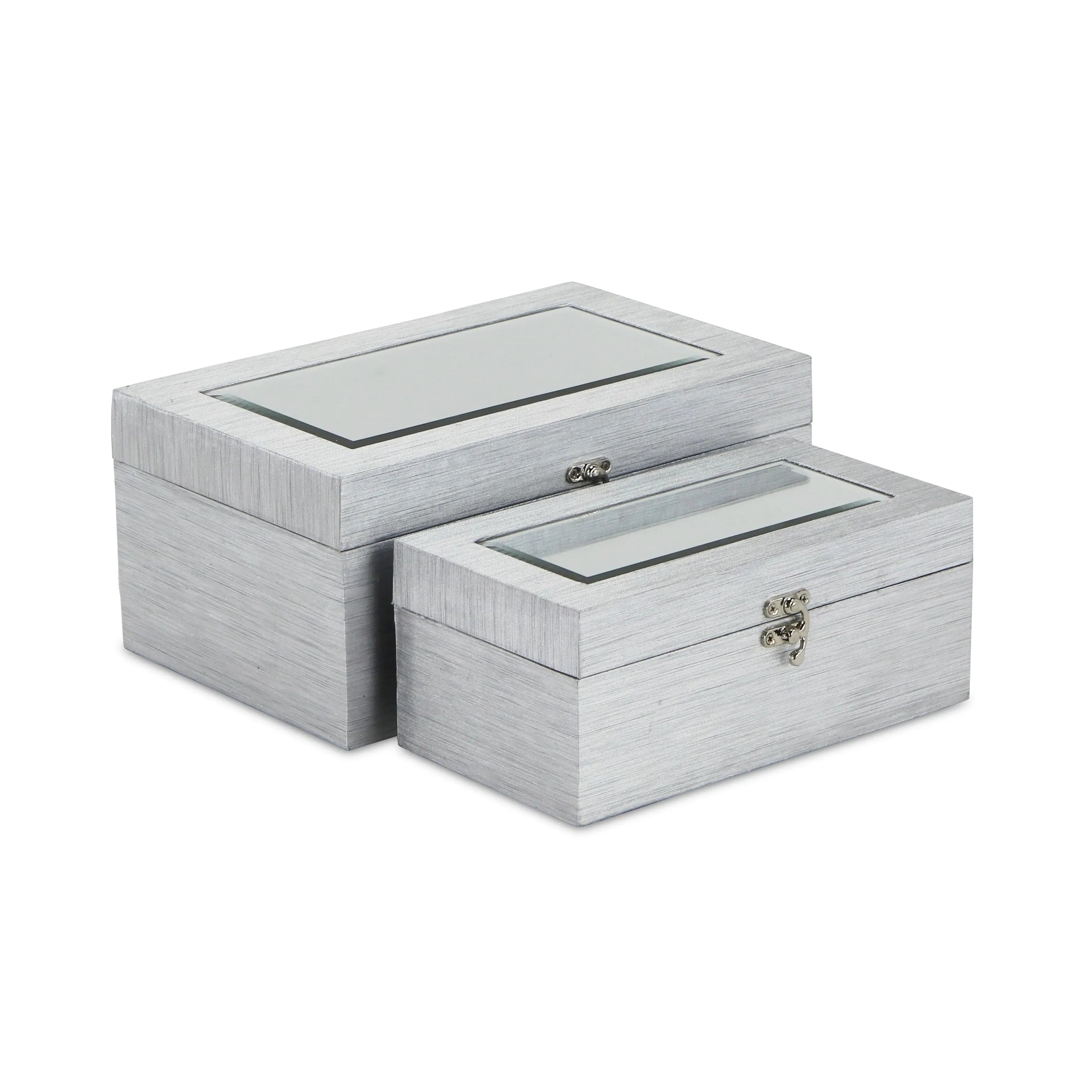 Set of Two Silver Nesting Wood And Mirrored Glass Organizing Box With Lid Homeroots Office