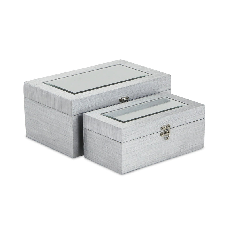Set of Two Silver Nesting Wood And Mirrored Glass Organizing Box With Lid Homeroots Office