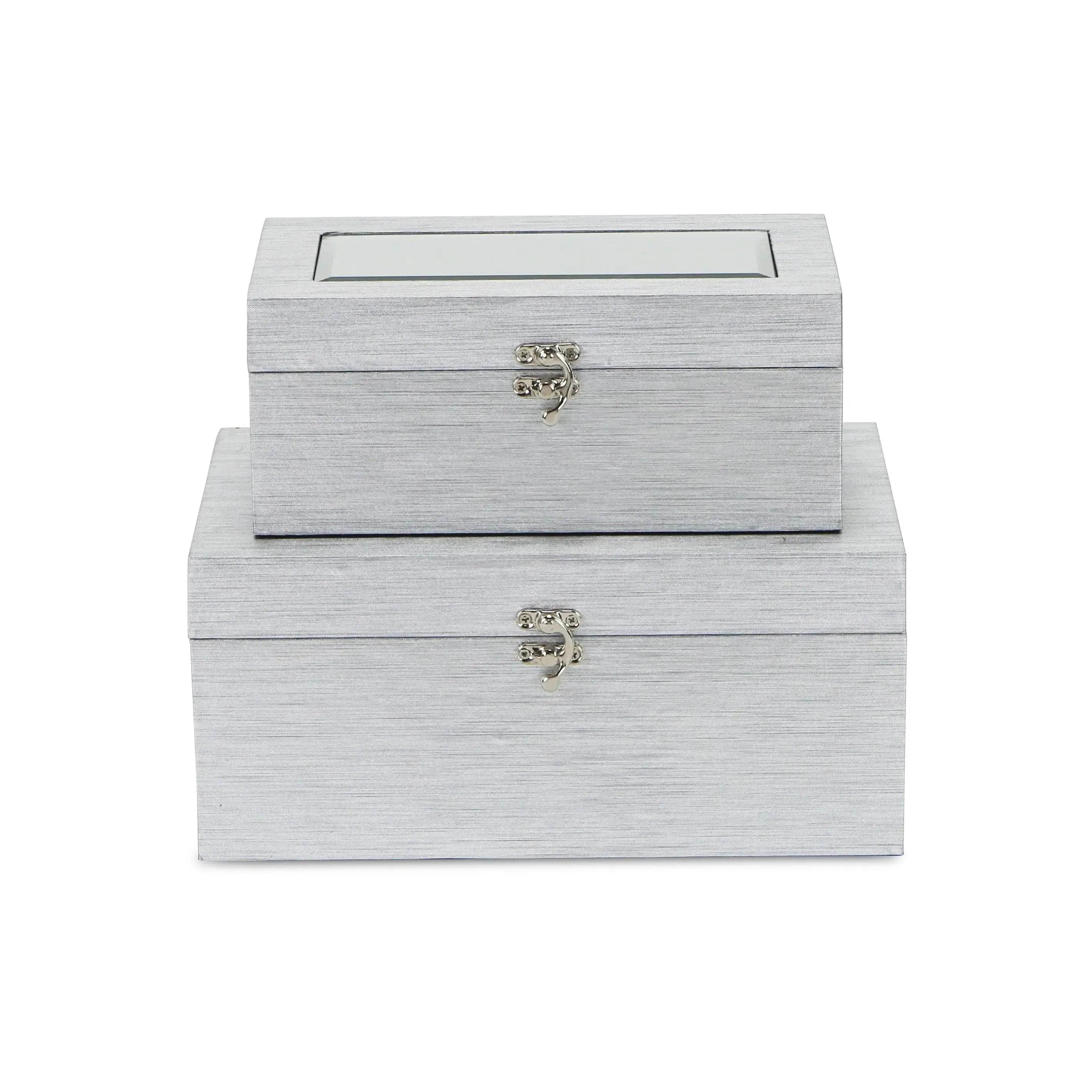 Set of Two Silver Nesting Wood And Mirrored Glass Organizing Box With Lid Homeroots Office