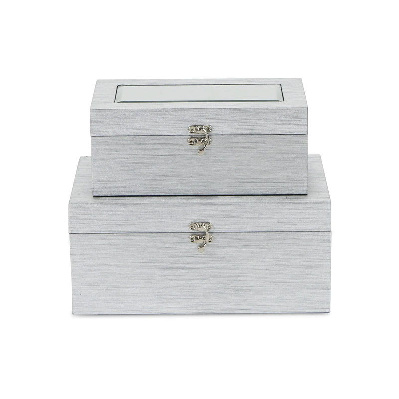Set of Two Silver Nesting Wood And Mirrored Glass Organizing Box With Lid Homeroots Office
