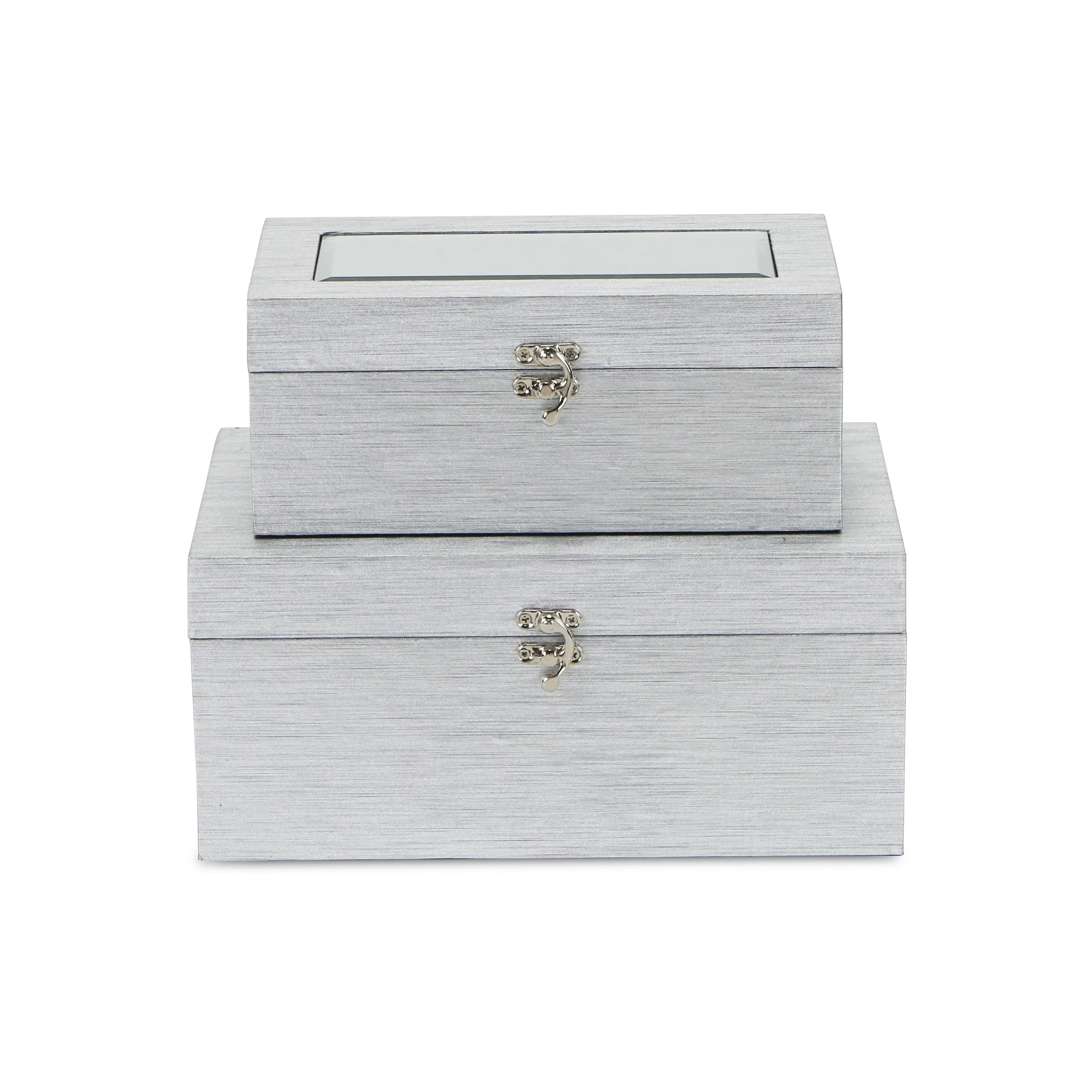 Set of Two Silver Nesting Wood And Mirrored Glass Organizing Box With Lid Homeroots Office