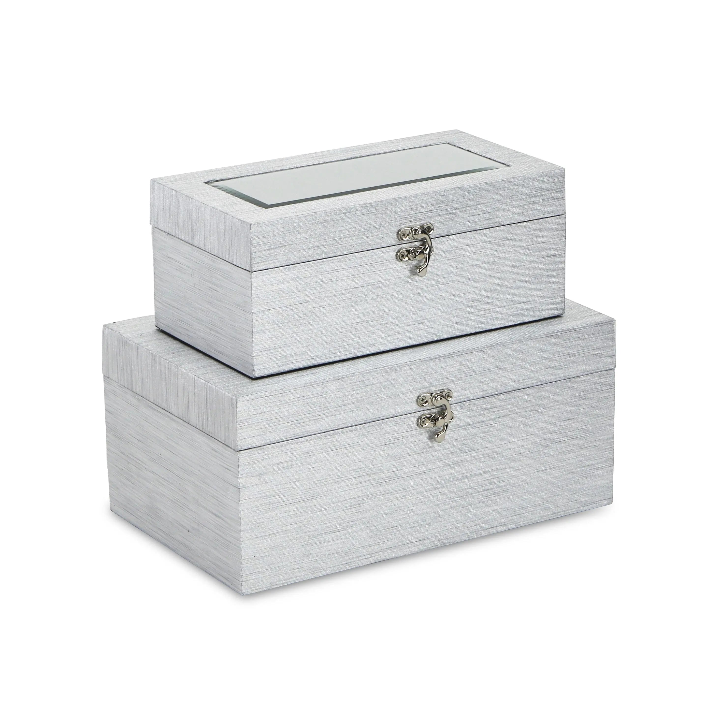 Set of Two Silver Nesting Wood And Mirrored Glass Organizing Box With Lid Homeroots Office