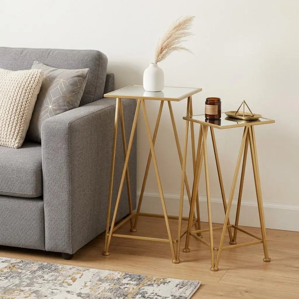 Set of Two Silver and Gold Mirrored Mirrored Glass and Steel Square Frame Nested Tables Homeroots Living Room
