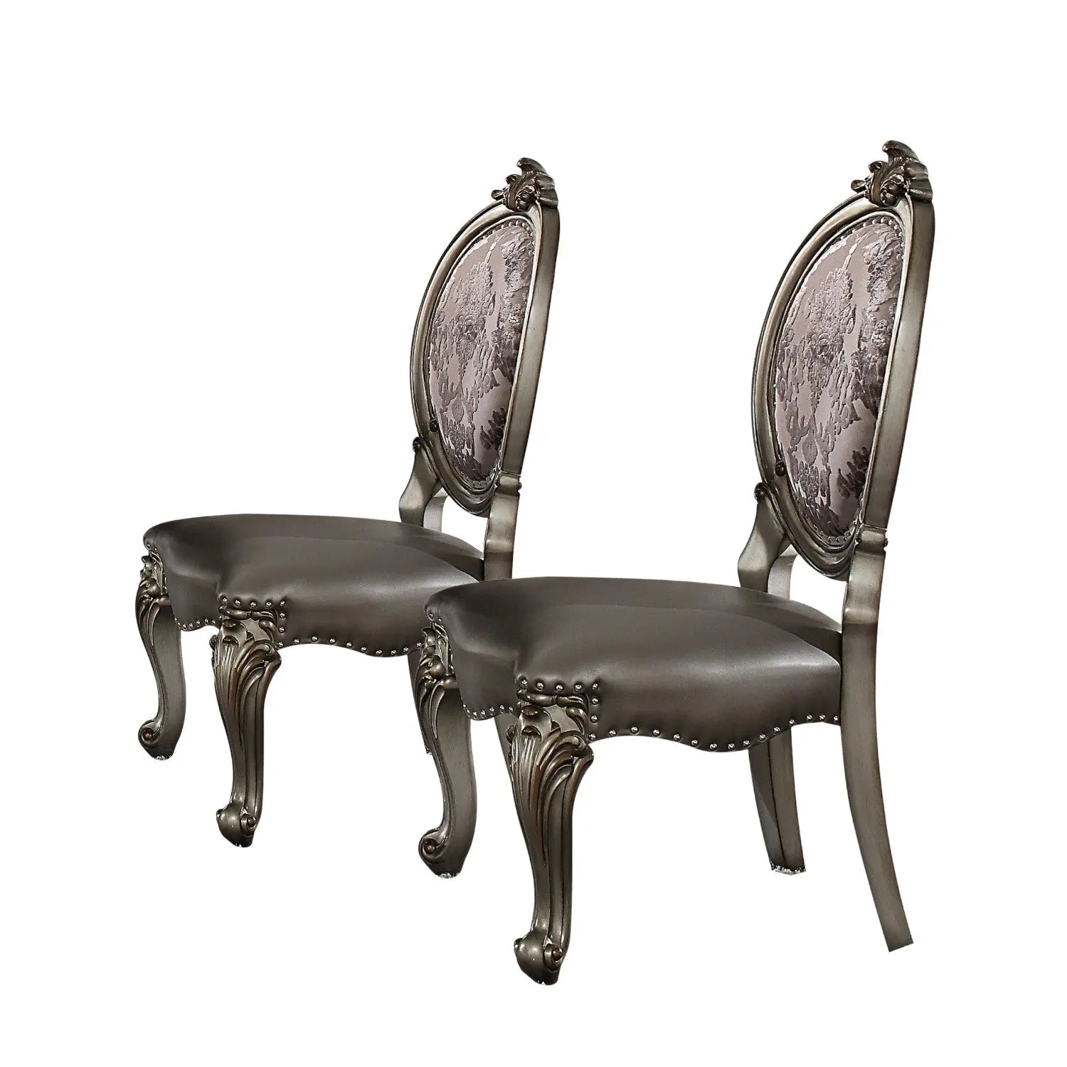 Set of Two Silver and Platinum Upholstered Faux Leather And Solid Wood King Louis Back Dining Side Chairs Homeroots Kitchen & Dining
