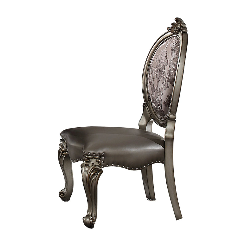 Set of Two Silver and Platinum Upholstered Faux Leather And Solid Wood King Louis Back Dining Side Chairs Homeroots Kitchen & Dining