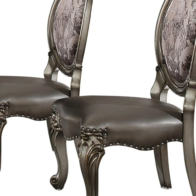 Set of Two Silver and Platinum Upholstered Faux Leather And Solid Wood King Louis Back Dining Side Chairs Homeroots Kitchen & Dining