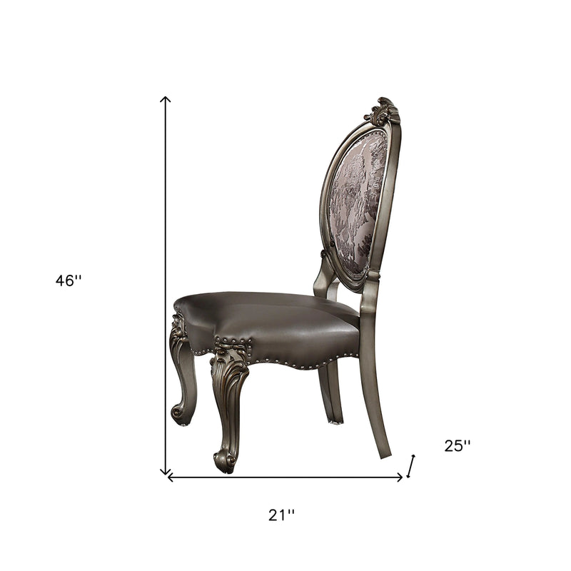 Set of Two Silver and Platinum Upholstered Faux Leather And Solid Wood King Louis Back Dining Side Chairs Homeroots Kitchen & Dining