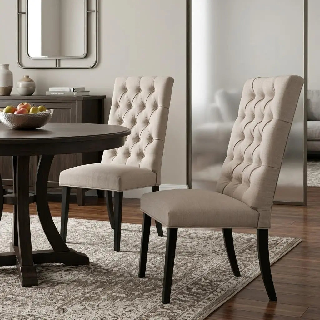 Set of Two Tan and Black Tufted Linen Open Back Dining Side Chairs Homeroots Kitchen & Dining