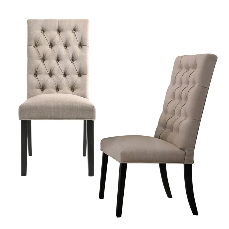 Set of Two Tan and Black Tufted Linen Open Back Dining Side Chairs Homeroots Kitchen & Dining