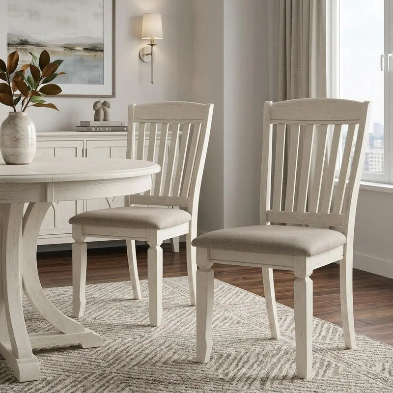 Set of Two Tan and Cream Fabric Slat Back Dining Side Chairs Homeroots Kitchen & Dining