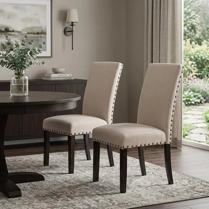 Set of Two Taupe and Dark Brown Linen Dining Side Chairs Homeroots Kitchen & Dining