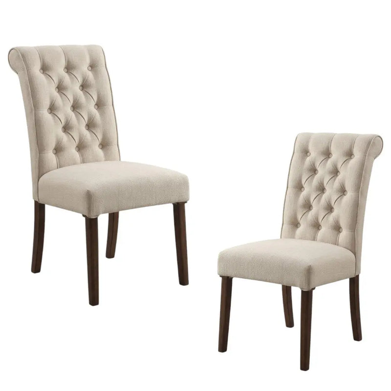 Set of Two Tufted Beige and Brown Upholstered Linen And Solid Wood Dining Side Chairs Homeroots Kitchen & Dining