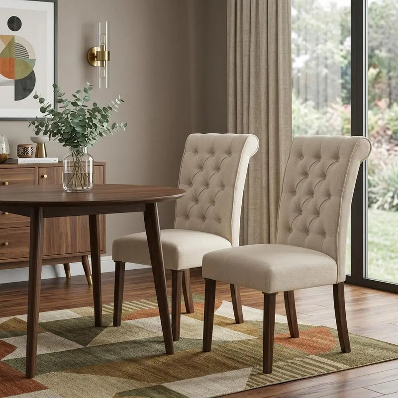 Set of Two Tufted Beige and Brown Upholstered Linen And Solid Wood Dining Side Chairs Homeroots Kitchen & Dining