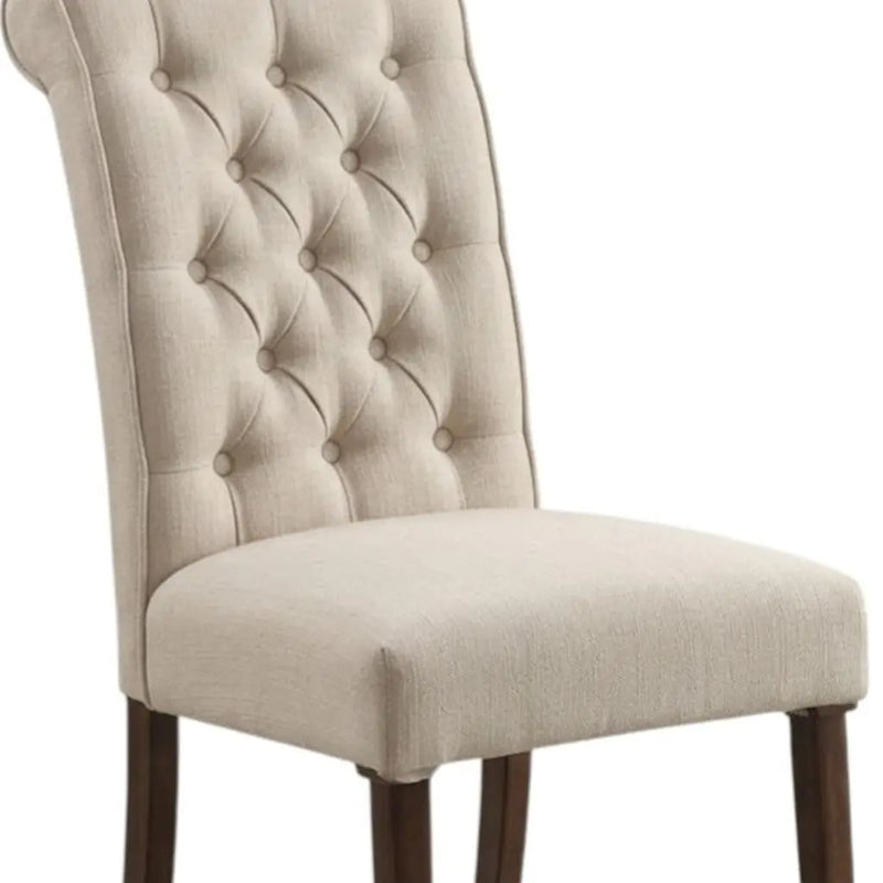 Set of Two Tufted Beige and Brown Upholstered Linen And Solid Wood Dining Side Chairs Homeroots Kitchen & Dining