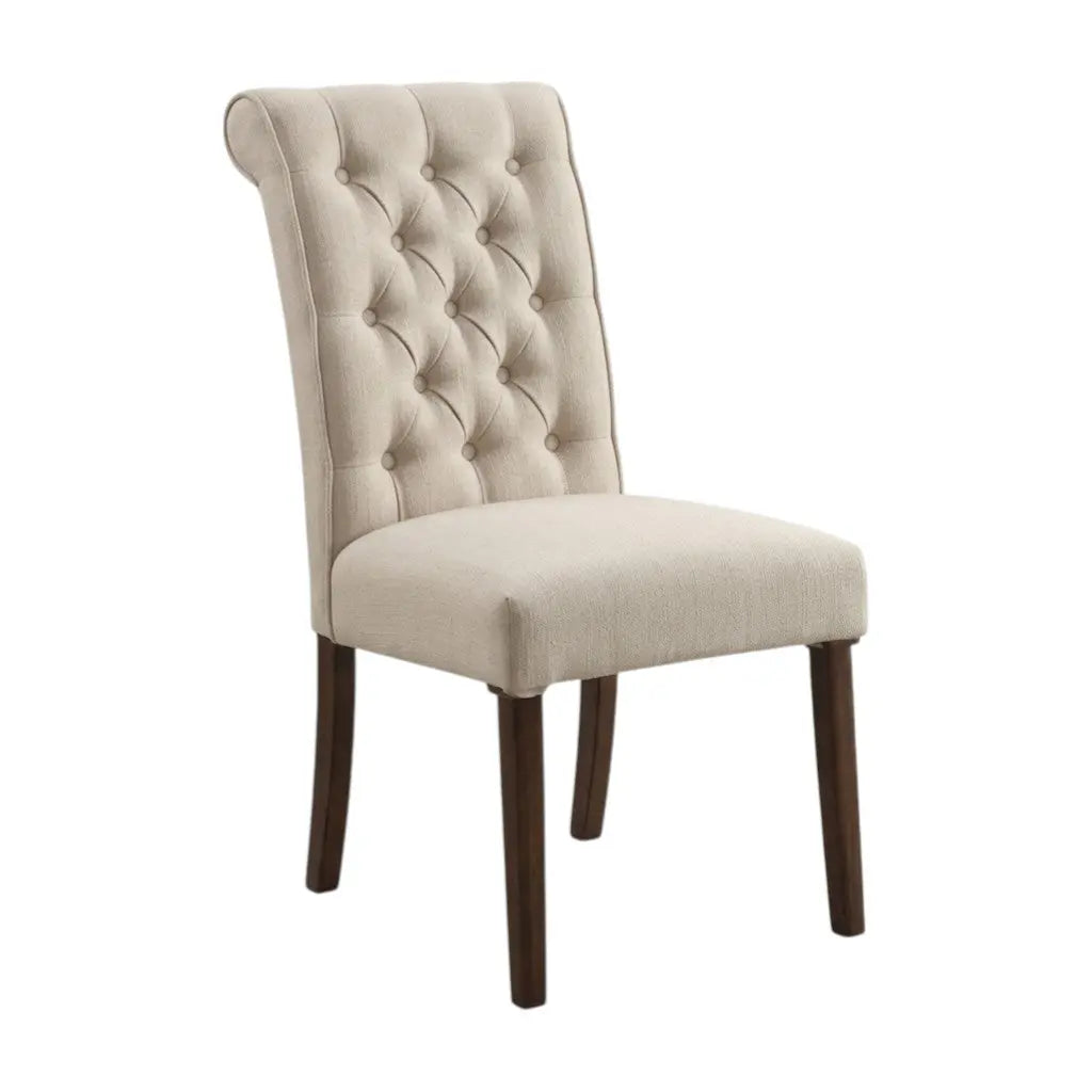 Set of Two Tufted Beige and Brown Upholstered Linen And Solid Wood Dining Side Chairs Homeroots Kitchen & Dining