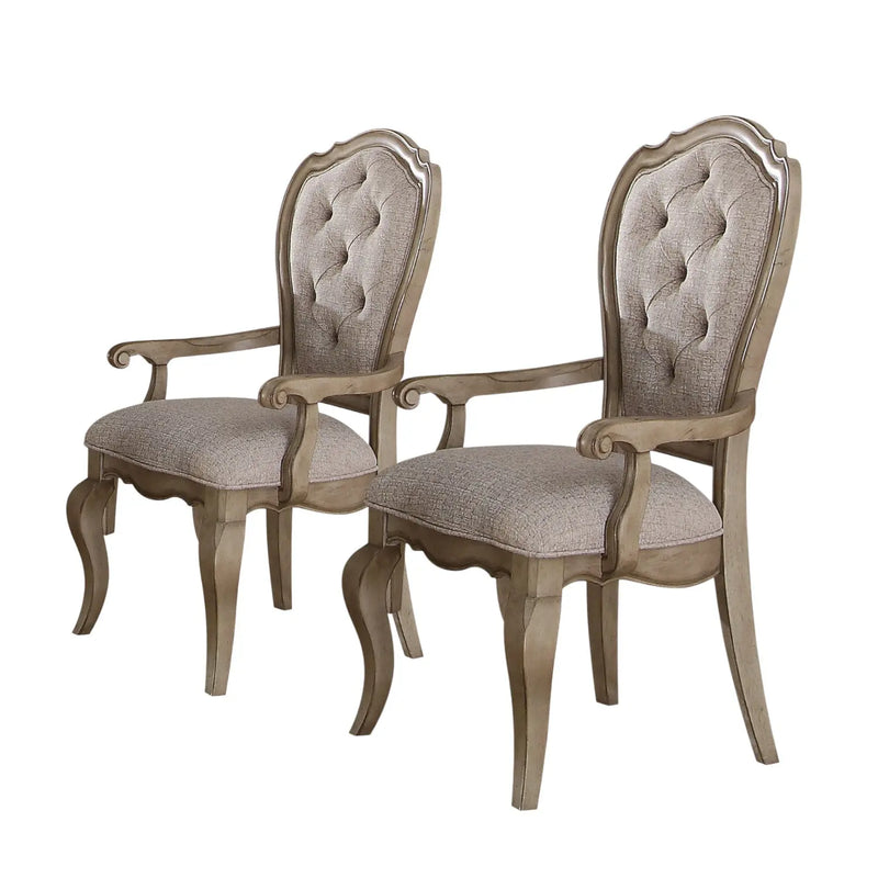 Set of Two Tufted Beige and Taupe Upholstered Fabric And Solid Wood Dining Arm Chairs Homeroots Kitchen & Dining