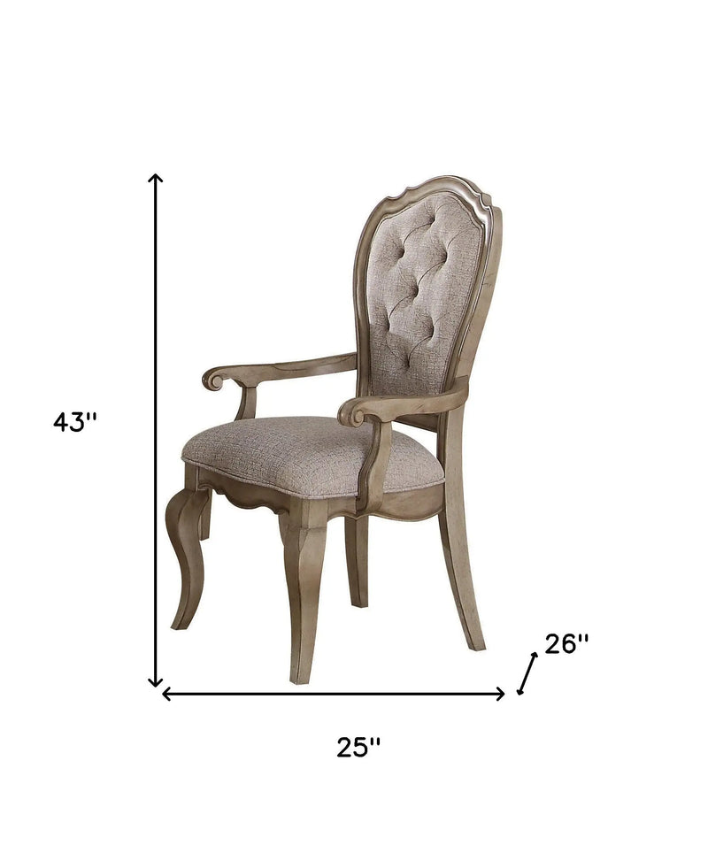 Set of Two Tufted Beige and Taupe Upholstered Fabric And Solid Wood Dining Arm Chairs Homeroots Kitchen & Dining