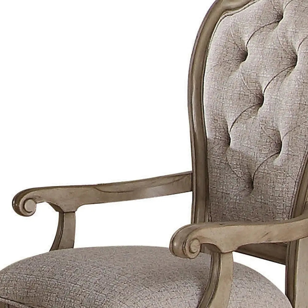 Set of Two Tufted Beige and Taupe Upholstered Fabric And Solid Wood Dining Arm Chairs Homeroots Kitchen & Dining