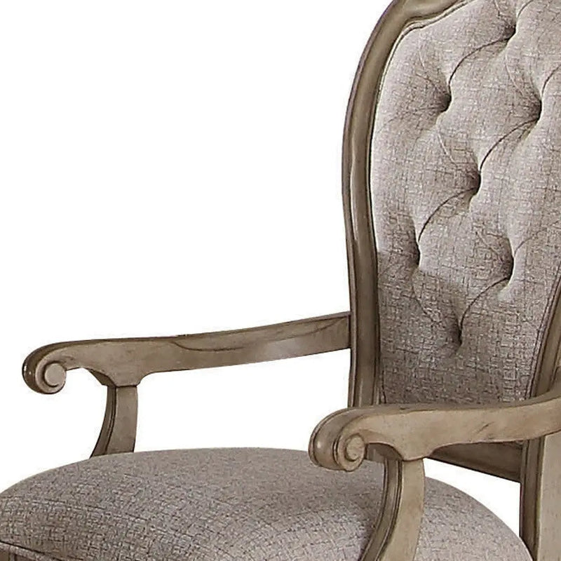 Set of Two Tufted Beige and Taupe Upholstered Fabric And Solid Wood Dining Arm Chairs Homeroots Kitchen & Dining