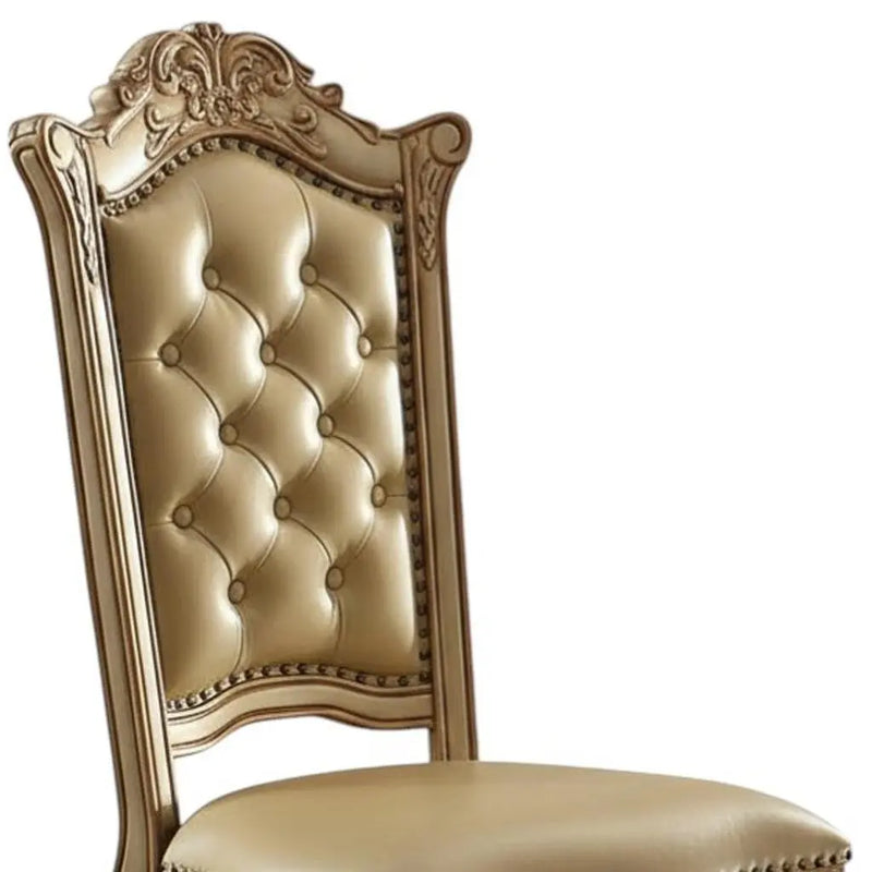 Set of Two Tufted Bone and Brass Upholstered Faux Leather And Wood Dining Side Chairs Homeroots Kitchen & Dining