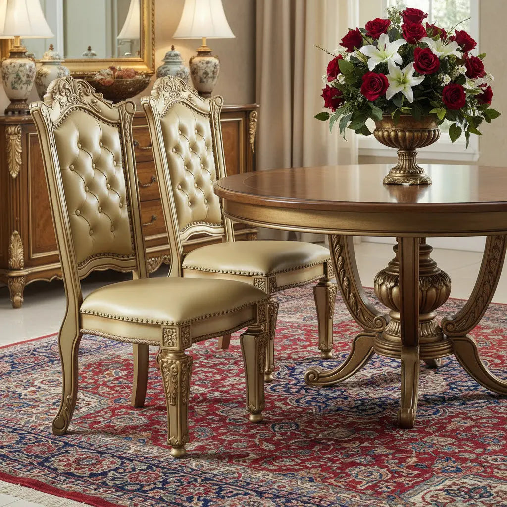 Set of Two Tufted Bone and Brass Upholstered Faux Leather And Wood Dining Side Chairs Homeroots Kitchen & Dining