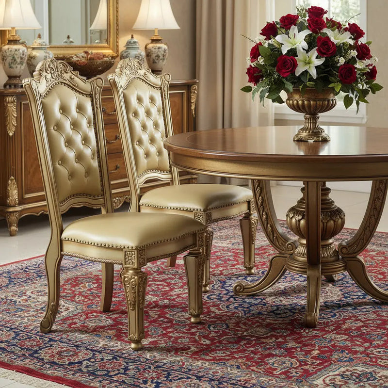 Set of Two Tufted Bone and Brass Upholstered Faux Leather And Wood Dining Side Chairs Homeroots Kitchen & Dining