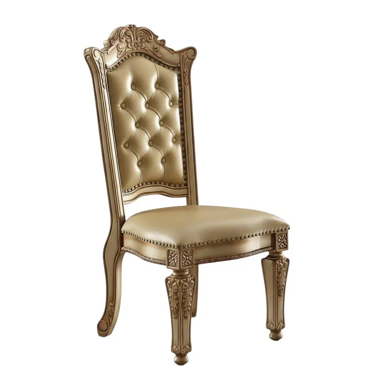 Set of Two Tufted Bone and Brass Upholstered Faux Leather And Wood Dining Side Chairs Homeroots Kitchen & Dining