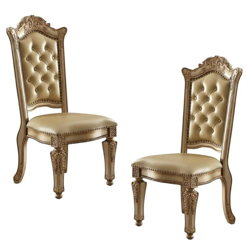 Set of Two Tufted Bone and Brass Upholstered Faux Leather And Wood Dining Side Chairs Homeroots Kitchen & Dining